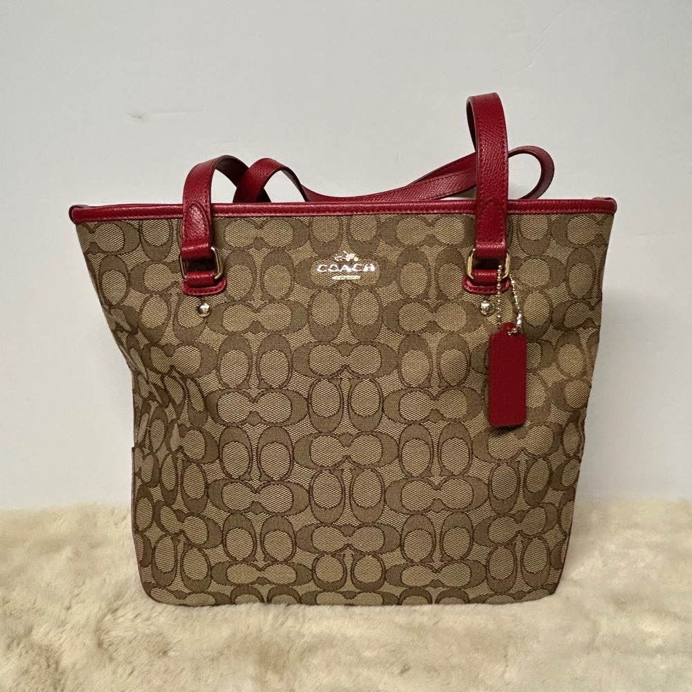 Coach Signature Gallery Tote Khaki Red Leather Trim Canvas Shoulder Bag F55364 - Picture 1 of 15